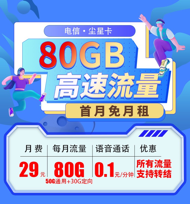 电信尘星卡29元80G全国流量，支持结转首月免费