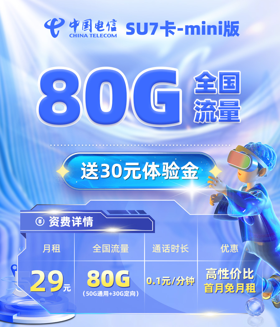 电信SU7卡29元/月享50G全国通用+30G定向流量（在线选号）